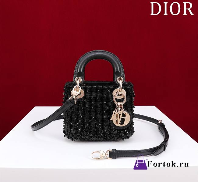 Fortok Dior Lady Microbag Blush Black Satin Embroidered With Gradient Effect Beads - 1