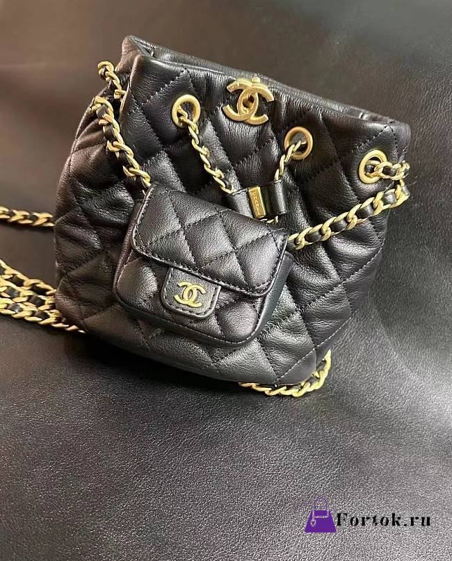 Fortok Chanel Blended Fabrics Chain Calfskin Leather Bag Black 16.5x17x12cm - 1