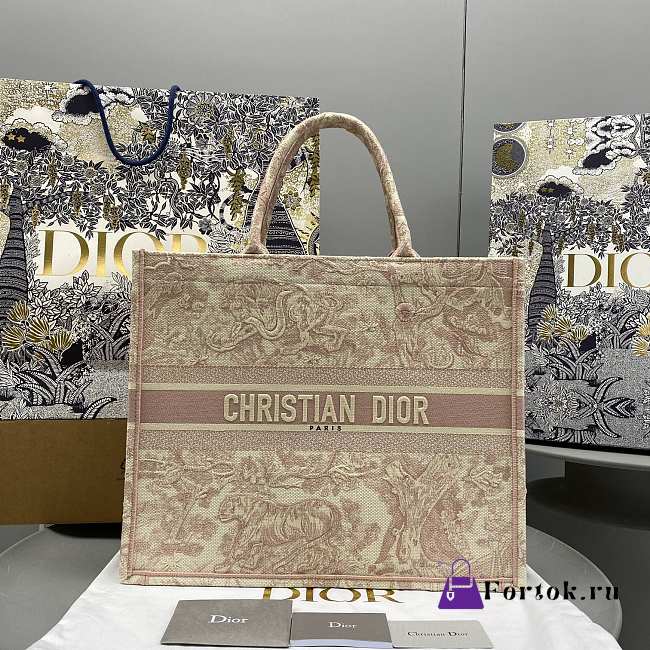 Fortok Dior Large Book Tote Pink Embroidery Bag E68888 41.5x32x5cm - 1