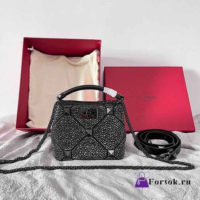 Fortok Valentino Garavani Roman Stud Crystal Embellished Calfskin Handbag Black - 1