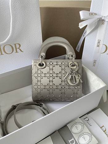 Fortok Dior Lady Satin Crystal Cannage Bag Grey 17×15×7cm