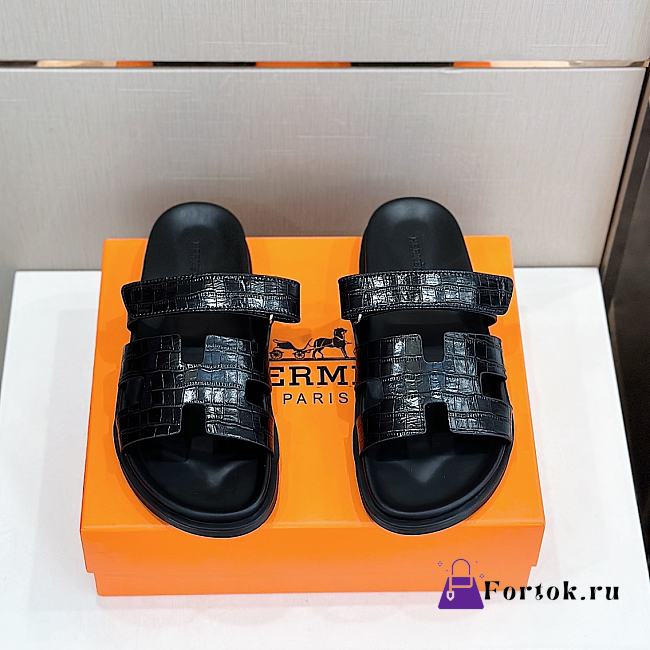 Fortok Hermes Chypre Sandals Crocodile Leather  Black - 1
