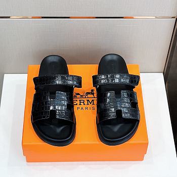 Fortok Hermes Chypre Sandals Crocodile Leather  Black