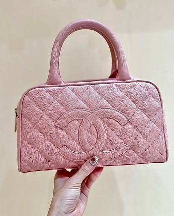 Fortok Chanel Pink Quilted Caviar Leather CC Logo Small Bowler Handbag