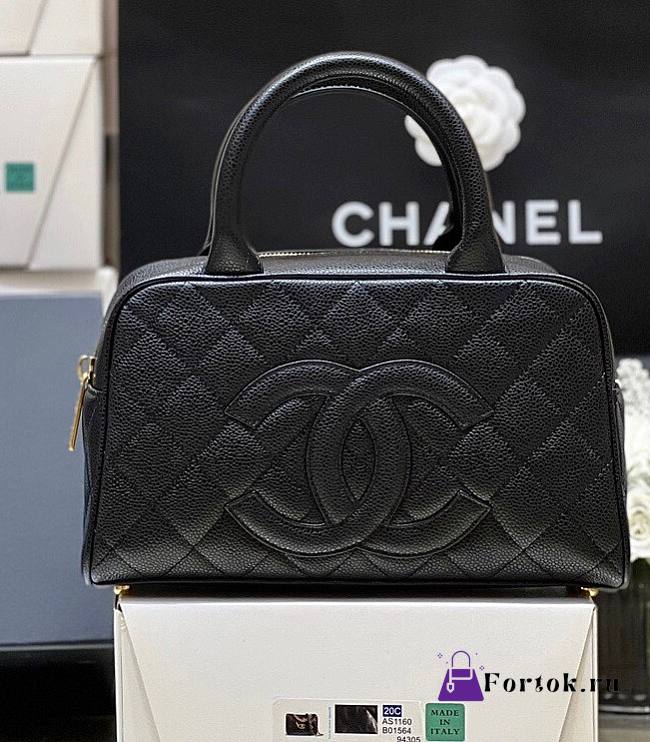 Fortok Chanel Black Quilted Caviar Leather CC Logo Small Bowler Handbag - 1