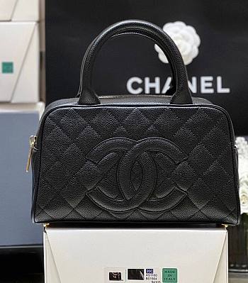 Fortok Chanel Black Quilted Caviar Leather CC Logo Small Bowler Handbag