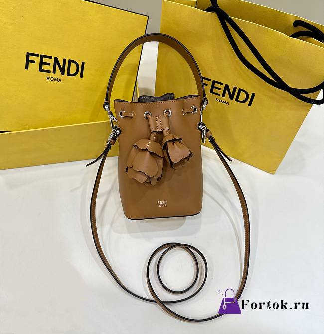 Fortok Fendi Mon Tresor Brown Leather Mini Bag with 3D Roses 12×18×10cm - 1