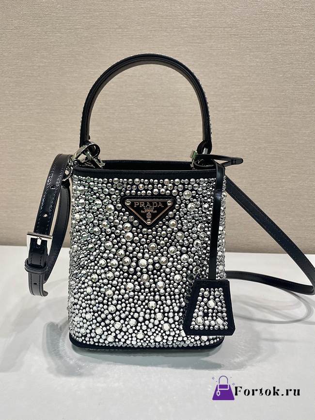 Fortok Prada Small Panier Crystal-Embellished Tote Bag Black 15x16x9.5cm - 1