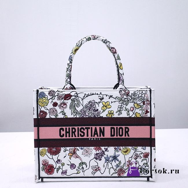 Fortok Dior Book Tote White Multicolor Florilegio Embroidery 36x27.5x16.5cm - 1