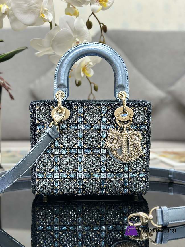 Fortok Dior Mini Lady Metallic Calfskin and Satin Embroidery Blue Bag - 1
