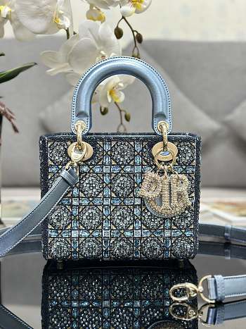 Fortok Dior Mini Lady Metallic Calfskin and Satin Embroidery Blue Bag