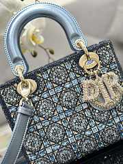 Fortok Dior Mini Lady Metallic Calfskin and Satin Embroidery Blue Bag - 6