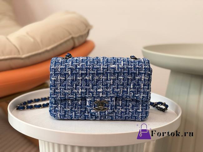 Fortok Chanel Classic Flap Bag Tweed & Silver-Tone Metal Blue 20cm - 1