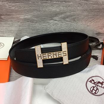 Fortok Hermes Togo Leather Diamond Steel Buckle Belt Black/Brown/Grey