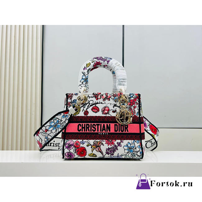 Fortok Dior Medium Lady D-LITE Bag White Multicolor Florilegio Embroidery 24cm - 1
