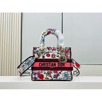 Fortok Dior Medium Lady D-LITE Bag White Multicolor Florilegio Embroidery 24cm