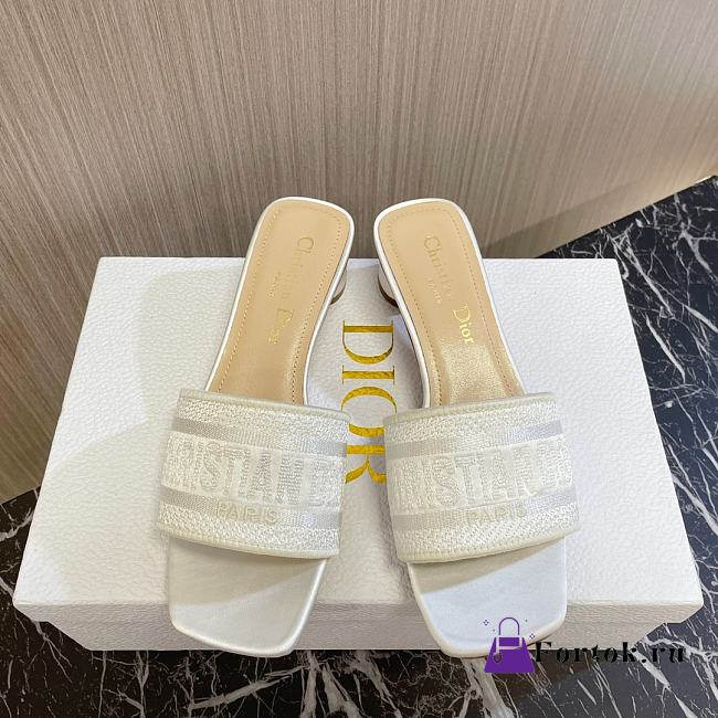 Fortok Dior Heeled Slides White Cotton Embroidered with Metallic Thread - 1