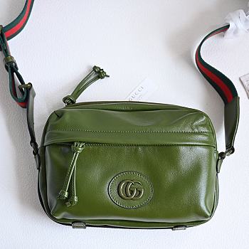 Fortok Gucci Double G Green Leather Shoulder Bag 23.5x15x8cm