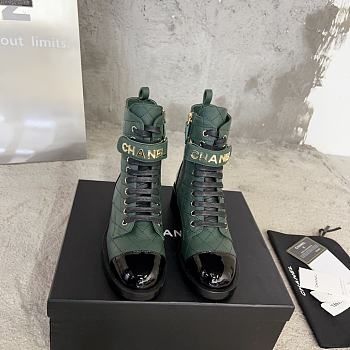 Fortok Chanel Military Boots Patent Calfskin And Lambskin Green