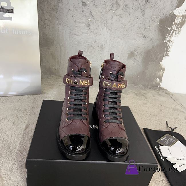 Fortok Chanel Military Boots Patent Calfskin And Lambskin Red Wine - 1