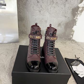 Fortok Chanel Military Boots Patent Calfskin And Lambskin Red Wine