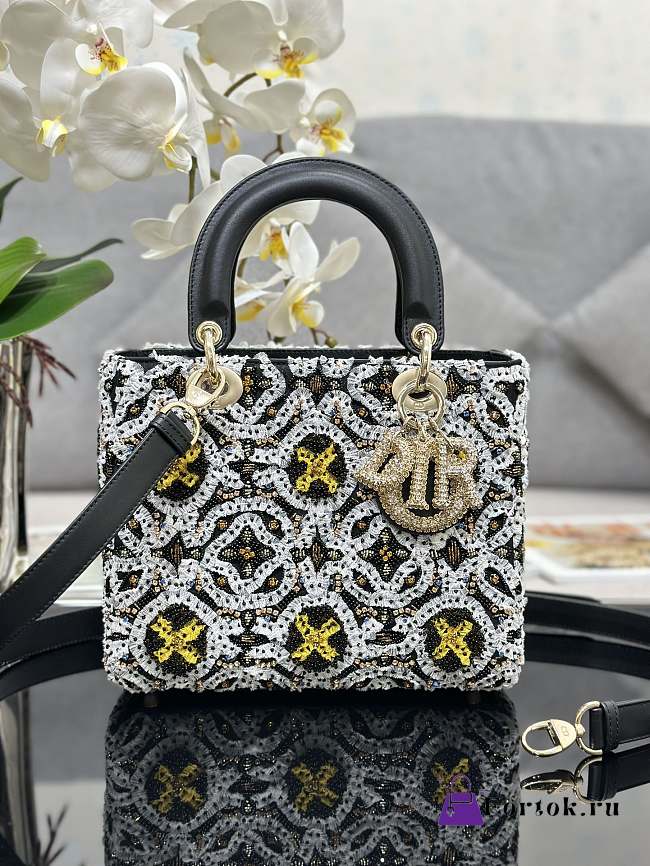 Fortok Dior Lady Five Grid Embroidered Beads Bag 24cm - 1