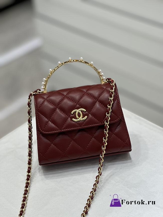 Fortok Chanel 23B Metal Pearl Wrist Bag Burgundy 14.5x12x6cm - 1