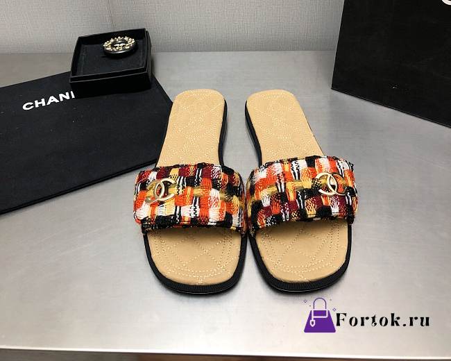 Fortok Chanel Mules Wool Tweed & Metal Orange & Multicolour - 1