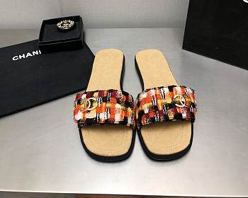 Fortok Chanel Mules Wool Tweed & Metal Orange & Multicolour