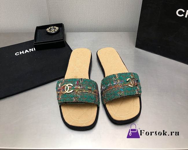 Fortok Chanel Mules Wool Tweed & Metal Green & Multicolour - 1