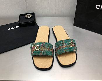 Fortok Chanel Mules Wool Tweed & Metal Green & Multicolour