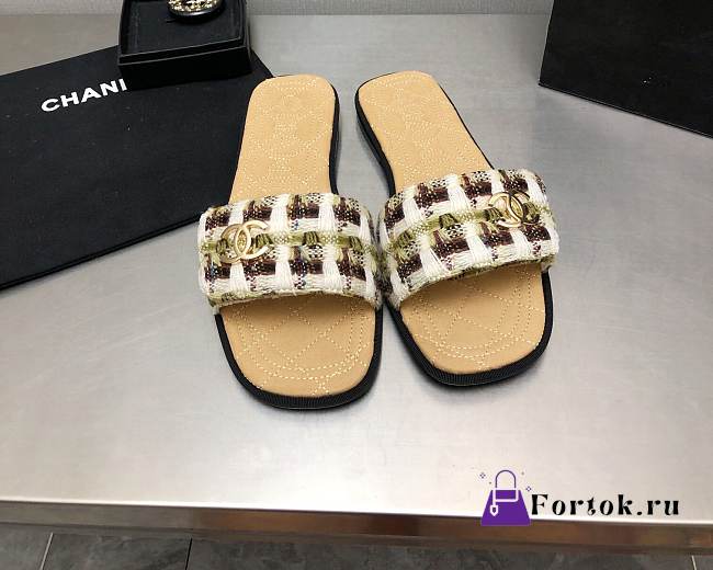 Fortok Chanel Mules Wool Tweed & Metal Brown & Multicolour - 1