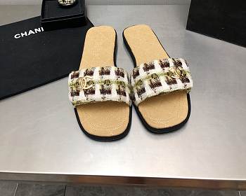 Fortok Chanel Mules Wool Tweed & Metal Brown & Multicolour