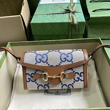 Fortok Gucci Horsebit 1955 Double G Mini Bag Beige and Blue 18x12x5cm