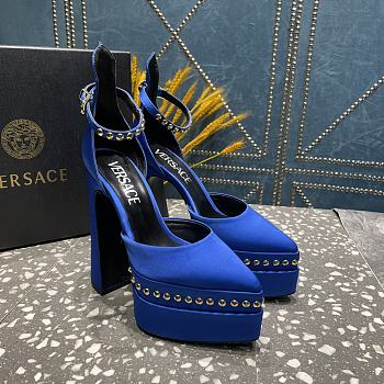 Fortok Versace Aevitas Pointy Stud Blue Leather Platform Pumps