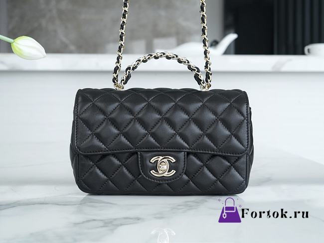 Fortok Chanel Rhinestone Top Handle Bag Black 20x7x12cm - 1
