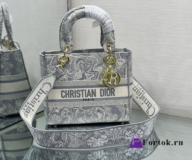 Fortok Dior Lady D-lite Gray Toile de Jouy Reverse Embroidery Bag 24x20x11cm - 1