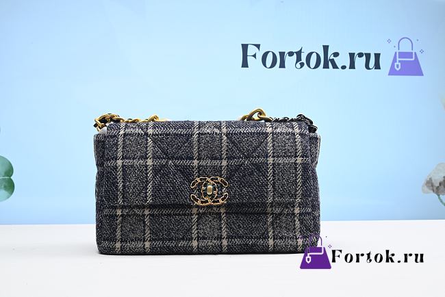 Fortok Chanel 22A Navy Blue Ecru Tweed Quilted 19 Flap Small Mixed Hardware 25cm - 1