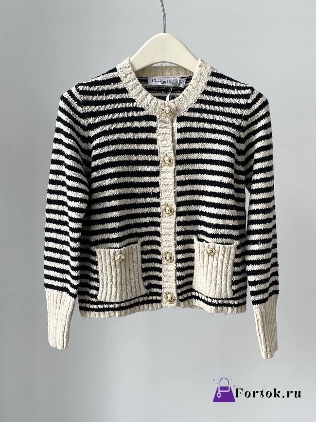 Fortok Dior Marinière Cardigan Ecru and Black Technical Cotton, Wool and Mohair Knit - 1