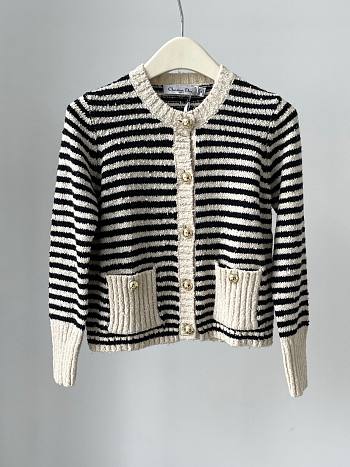 Fortok Dior Marinière Cardigan Ecru and Black Technical Cotton, Wool and Mohair Knit