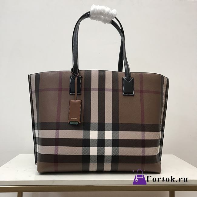 Fortok Burberry E-Canvas Check Tote Dark Birch Brown 34x14x28cm - 1