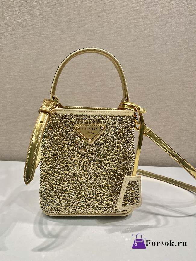Fortok Prada Small Panier Crystal-Embellished Tote Bag Gold 15x16x9.5cm - 1