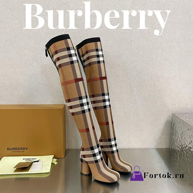 Fortok Burberry Black Brown Check Over-the-knee Boots - 1