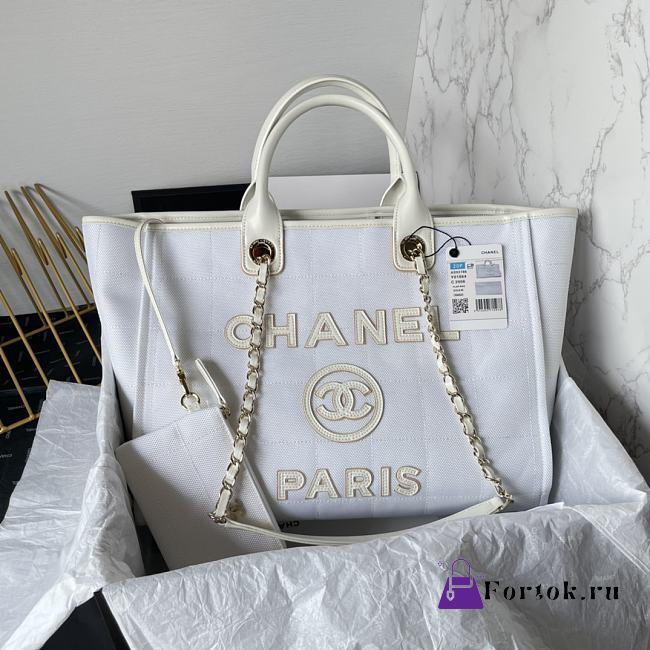 Fortok Chanel Deauville Cotton & Calfskin Tote Bag White AS93786 36cm - 1