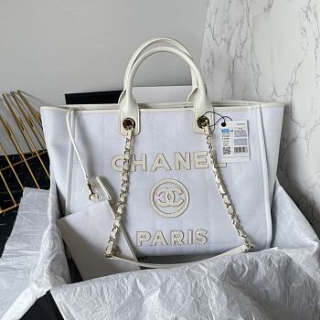 Fortok Chanel Deauville Cotton & Calfskin Tote Bag White AS93786 36cm