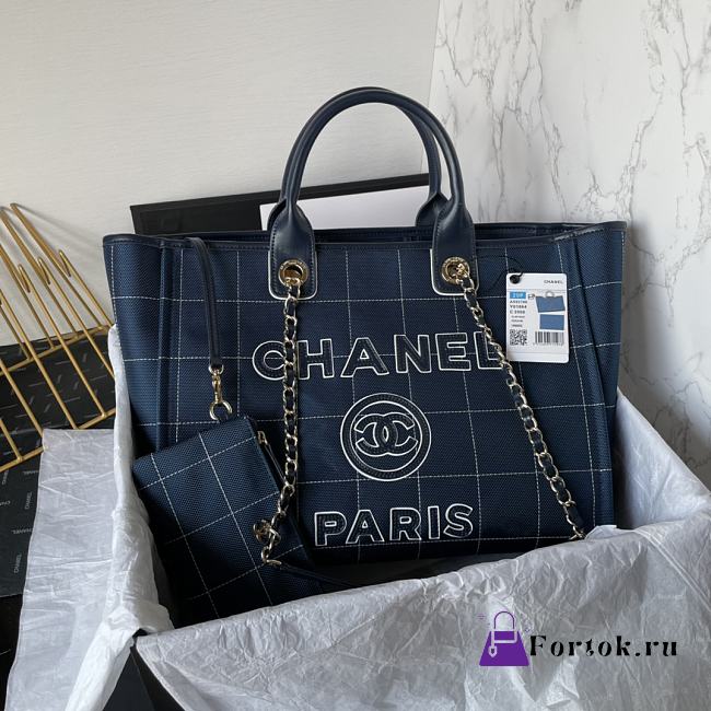 Fortok Chanel Deauville Cotton & Calfskin Tote Bag Dark Blue AS93786 36cm - 1