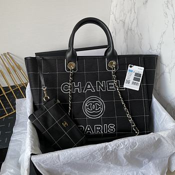 Fortok Chanel Deauville Cotton & Calfskin Tote Bag Black AS93786 36cm