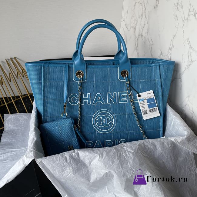 Fortok Chanel Deauville Cotton & Calfskin Tote Bag Blue AS93786 36cm - 1