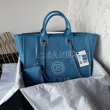 Fortok Chanel Deauville Cotton & Calfskin Tote Bag Blue AS93786 36cm