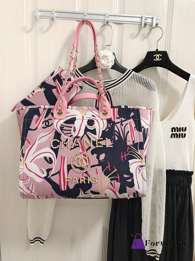 Fortok Chanel 23A Deauville Flower Pattern Shopping Bag Pink 38cm - 1
